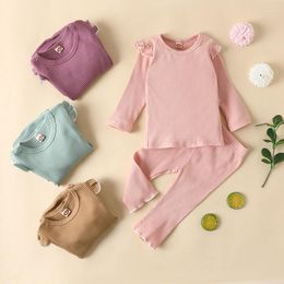 Clothing Sets Baby Girls Ribbed Solid Pajama Top Fall Trousers Stripes Ruffle Long Sleeves Elastic Kids Sleep Clothes