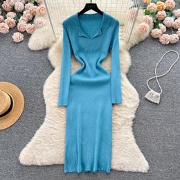 Casual Dresses French Style Vintage Women Knitted Dress Temperament Turn-down Collar Long Sleeve Slim Solid Color Simple Female