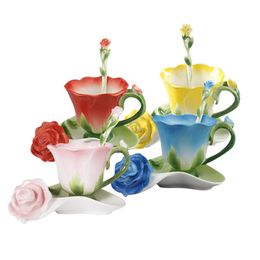 3D Rose Shape Flower Enamel Ceramic Coffee Tea and Saucer Spoon High-grade Porcelain Cup Creative Valentine Gift Design1786