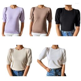 Women's T Shirts Lightweight Puff Sleeve T-shirt Solid Color Elegant Teenager Elastic Ribbed Top