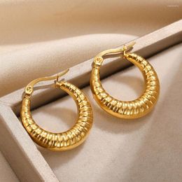 Stud Earrings Gold Colour Stainless Steel Thick Circle Hoop For Women Fashion Thread Texture Statement Party Jewellery Gifts