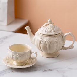 Milky Embossed Ceramic Pot Coffee Cup Saucer Creative European Afternoon Tea Teapot Teacup Simple White Porcelain2278