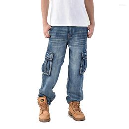 Men's Jeans Men Straight Denim Cargo Pants Biker Baggy Loose Blue With Side Pocket SIze 30-48