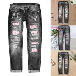 Women's Jeans Womens Denim Pants Ripped Casual Loose Trousers Floral Print Distressed Stretch Jean Leggings With Pockets Boot Cut