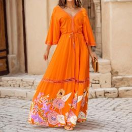 Casual Dresses Bohemain Floral V-neck Long Maxi Dress For Women 2023 Summer 3/4 Sleeves Boho Print Ethnic Beach Holiday Vestidos Swing Robe