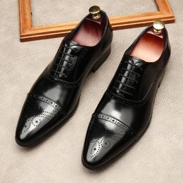 Italian Men's Genuine Leather Dress Shoes Luxury Brand 2023 Vintage Pointed Toe Oxforfds Wedding Social Shoes for Male