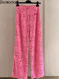 Women s Two Piece Pants Baeromad Summer Runway Fashion Vintage Rose Red Color Lace Hollow Trousers Button Pockets High Waist Straight 230715