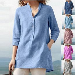 Women's Polos Ladies Tops 2023 Summer Casual Solid Color Stand Collar Cotton Linen Polo Shirt With Three-quarter Sleeves Mujer