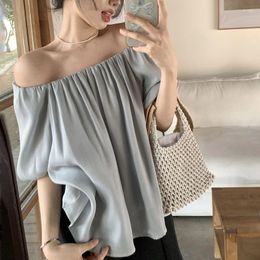 Women's Blouses Off Shoulder Simple Summer Shirt For Women Pleated Design French Blouse Ladies Elegant Loose Stylish Short Sleeve Tops 27831