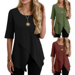 Women's Blouses Half Sleeve Irregular Slits Pullovers Women O Neck Patchwork Loose Casual Tee Tops Elegant Female Stretchy Dress Shirts