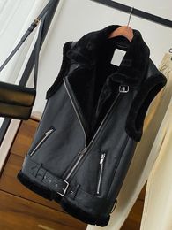 Women's Vests FTLZZ Autumn Winter Women Fashion Loose Thick Warm Vest Streetwear Lapel Faux Leather Jacket With Belt Black Sleeveless Coat