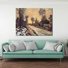 Handmade Canvas Art Claude Monet Painting Road at Louveciennes Melting Snow Sunset Village Landscape Artwork Bathroom Decor