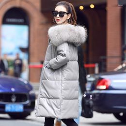 Women's Leather 2023 90%White Duck Down Jackets Raccoon Fur Collar Hooded Coat Female Real Sheepskin Jacket Women