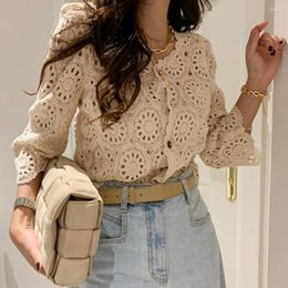 Women's Blouses Solid Colour Blouse Elegant Crochet Cardigan Hollow Out Lace Knitted Top With Single-breasted Closure Three Quarter