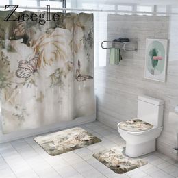 Floral Bath and Curtain Set Anti-slip Shower Bathroom Foot Rug Home Decoration Toilet Floor Mat 201119282L