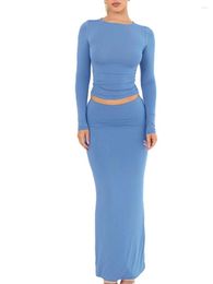 Work Dresses Women S Ribbed Knit Two Piece Skirt Set Long Sleeve Crop Top And High Waist Midi - Bodycon Fitted Slim Dress