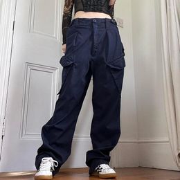 Women's Pants Blue Cargo Parachute Button Pockets High Waist Loose Amercan Retro Women Streetwear