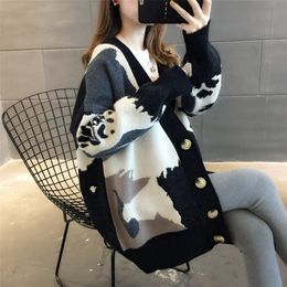 QNPQYX New Winter Acrylic Womens Sweater V-Neck Long Sleeve Cardigan Knitted Button Embroidery Print Thick Fashion Office Lady Sweater