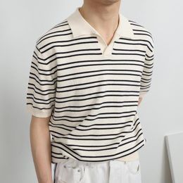 Men's Polos 2023 V-neck Stripe Polo Shirt Men Ice Silk Knitting Tops Summer Male Short Sleeve Tees Fashion Sweatshirt Simple Mens Clothes