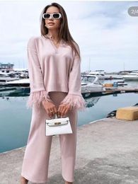 Women's Two Piece Pants Fall Suit Women 2023 Solid Color Long Sleeve Knit Double Ostrich Hair Core Yarn Straight 2 Set