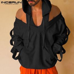 Men's Hoodies Sweatshirts INCERUN Tops 2023 Men Fashion Long Sleeves Off Shoulder Leisure Off the shoulder Hooded Sweatshirt S 5XL 230715