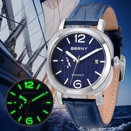 BERNY MIYOTA 8217 Automatic Watch for Men Mechanical Wristwatch Luminous 5ATM Waterproof 24 Hour Sapphire Sausage Dial Watch Men