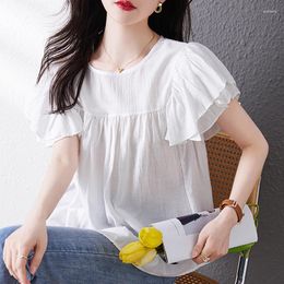 Women's Blouses Summer Layered Ruffle Short Sleeve Blouse 2023 Loose White Tops Korean Fashion Casual Chiffon Shirt For Women Clothing 27151