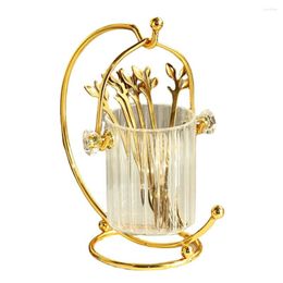 Dinnerware Sets Fork Stainless Steel Fruit Set Golden Leaf High-End Creative Home Children's Safety Toothpick Storage Tank Light