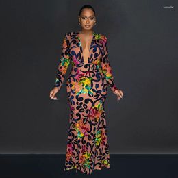 Casual Dresses Floral Print Deep V-neck Prom Evening Women Long Sleeve Party Night Club Formal Occasion Bodycon Maxi Dress Elegance