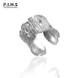 F.I.N.S Forest Style S925 Sterling Silver Cuff Ring Female INS Tree Bark Uneven Surface Wide Open Zircon Finger Rings for Women