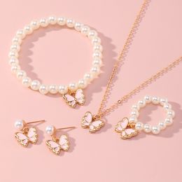 Wedding Jewelry Sets Y2K Style Cute Pink Butterfly Pendant Earrings Fashion Temperament Imitation Pearl Bracelet Necklace Set for Women Girl 230717