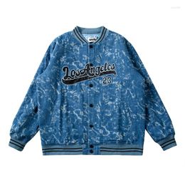 Men's Jackets Retro Washed Letter Embroidery Blue And Black Spliced Jeans Clothes Autumn Winter Stand Casual Oversized Denim Coats