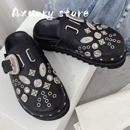 Slippers Women Slippers Summer Rivets Punk Rock Leather Mules Metal Fittings Casual Party Shoes Female Outdoor Slides 230715