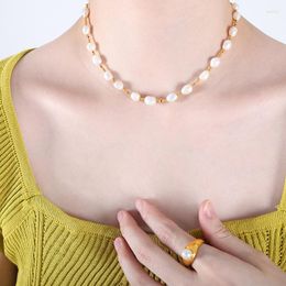 Choker ALLME Delicate Real Freshwater Pearl Charm Necklaces For Women 18K Gold Plated Stainless Steel Anti Tarnish Necklace