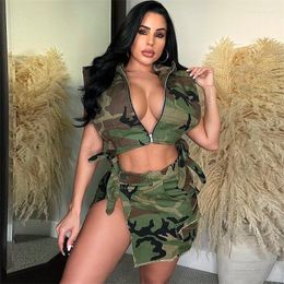 Work Dresses Ladies Outdoor Unique Casual Camouflage Skirt Suit Summer Lapel Bat Sexy Halter Top With Same Split