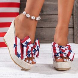 Slippers Brand New Ladies Platform Slides Fashion Flower Print Bow Wedges High Heels Summer Sandals Women 2023 Casual Party Woman Shoes L230717