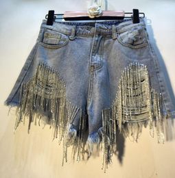 Women's Shorts European Summer High Waist Denim Ripped Hole Rhinestone Tassel Chain Slim Straight Women