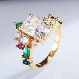 Wedding Rings Colourful Big Square CZ For Women Gold Colour Bridal Party Unique High Quality Female Statement Jewellery