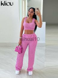 Women's Two Piece Pants Kliou Solid Stacked Two Piece Set Women Casual Square Collar Slim Camisole+ Loose High Waist Straight Pants Lady Streetwear Suit J230717