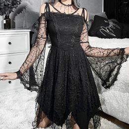 Casual Dresses Women's Vintage Cocktail Gothic Lace Flare Sleeve Maxi Dress Pockets Summer For Women Beach