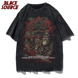 Mens TShirts black source Cartoon monkey Attack Wash Black Vintage Tshirt 230717