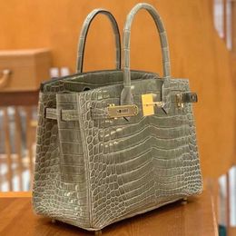 Luxurys Handbag Platinum Leather Sewn Bag Big Bag 30 Nile Crocodile Fashion Portable Womens Bag Luxury Turtle Grey