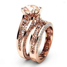 Cluster Rings 14k Rose Gold Colour Vintage Carving Set For Women Royal Champagne Crystal Zircon Diamonds Gemstones Party Jewellery Bijoux
