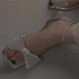 2023 new summer silver rhinestone mesh bow sandals fashion women's shoes sandals with sandals in the party.