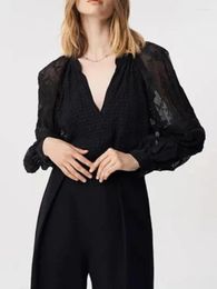 Women's Blouses Spring / Summer French V-neck Black Dark Pattern Lace Splicing Sleeve Women Shirt