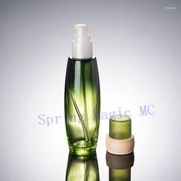 Storage Bottles 100ml Green Glass Lotion Bottle With Wood Ring Lid Cosmetic Container Empty Press Pump Packaging