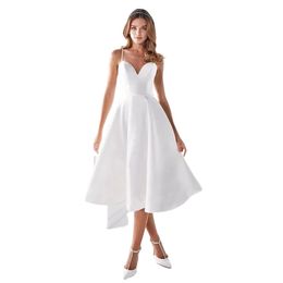 Modest Satin A Line Short Wedding Dress Sleeveless Spaghetti Straps Sexy Elegant Satin Boho Beach Bridal Gowns Tea Length Simple Open Back Robes de Mariee