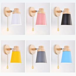 Wall Lamp Creative Wooden Simple E27 LED Reading Bedroom Bedside Lighting Study Home Improvement Macaron Colour Light
