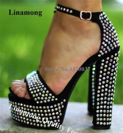 Sandals Linamong Bling Rhinestone High Platform Chunky Heel Ankle Strap Buckle Crystal Thick Dress Shoes