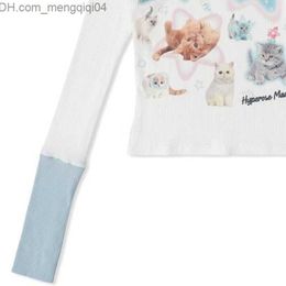 Women's Knits Tees Hikiga Fashion Women's Bottom Contrast Colour Long Sleeve Graphic T-shirt Cartoon Cat Print Y2k Slim Crop Top Z230717